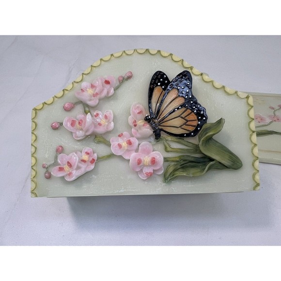 Set Of 4 Stone Hand Painted Coasters W Holder‎ 3D Butterfly & Flowers Sculpture - Picture 3 of 13